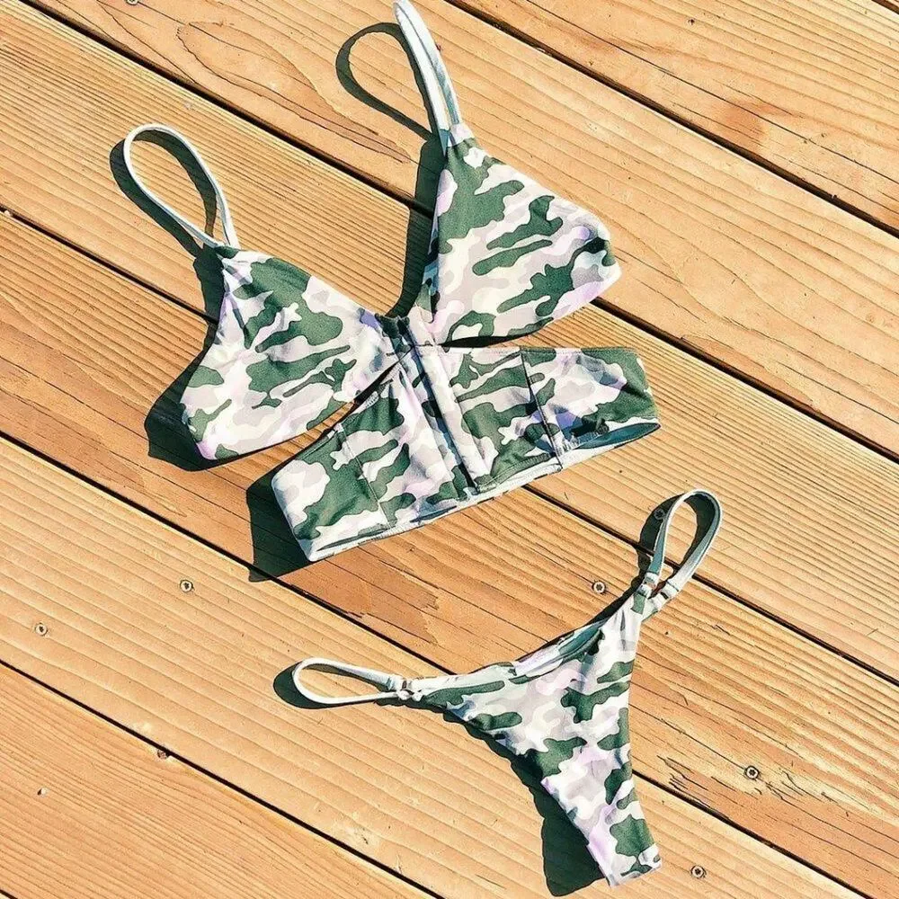 Frankies Bikinis Finn Corset Bikini Top - Cutout - Camo - Small - NWT